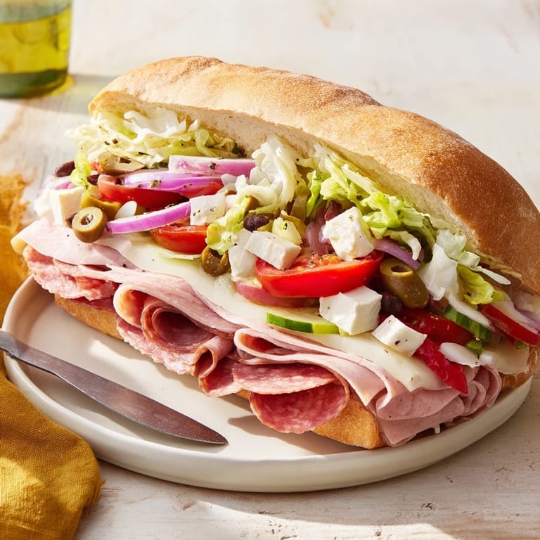 Savory Flavor Mash-Up Sandwiches overflowing with Italian ingredients, perfect for a party platter.