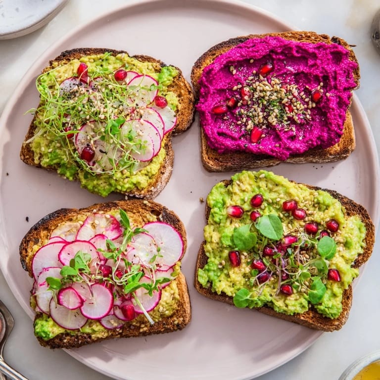 Deliciously colorful breakfast toasts showcasing ube spread, avocado, and fresh garnishes.  