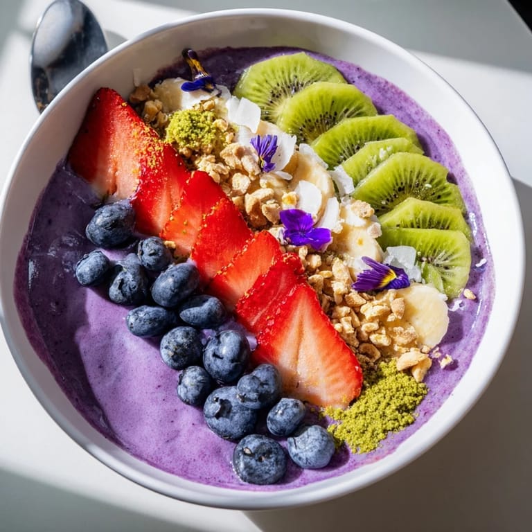 Wholesome vibrant smoothie bowls artfully garnished with edible flowers, perfect for brunch enjoyment.
