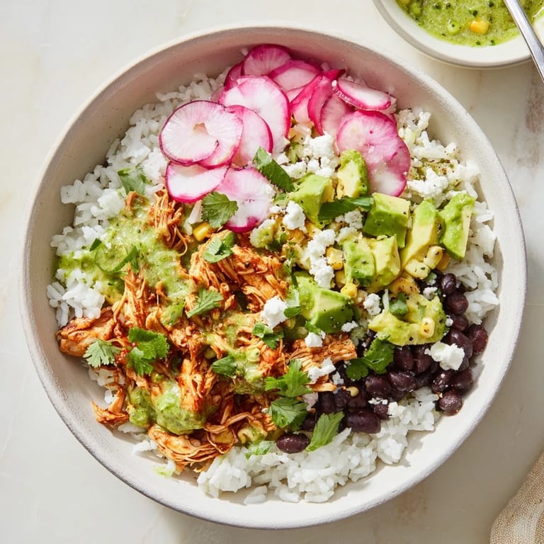 Healthy green enchiladas rice bowl garnished with cilantro, radishes, and a lime wedge.