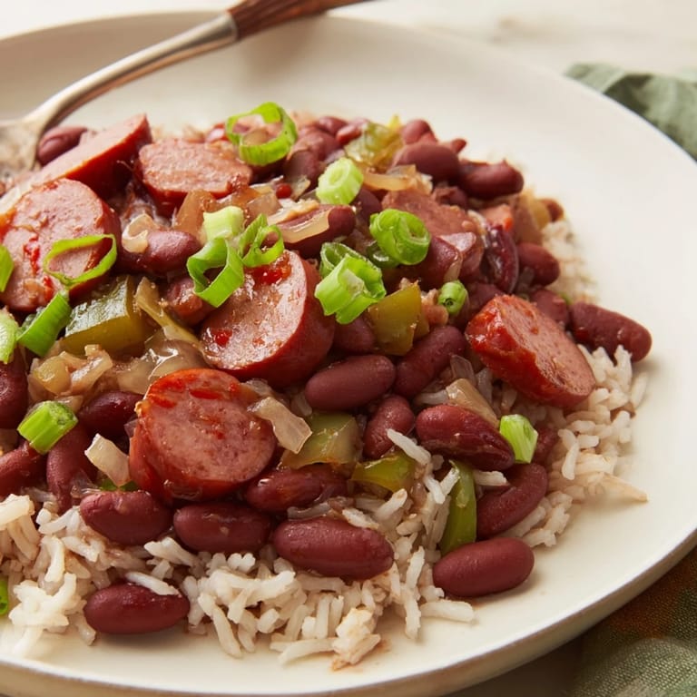 Comforting bowl of Red Beans & Rice simmered to creamy perfection.