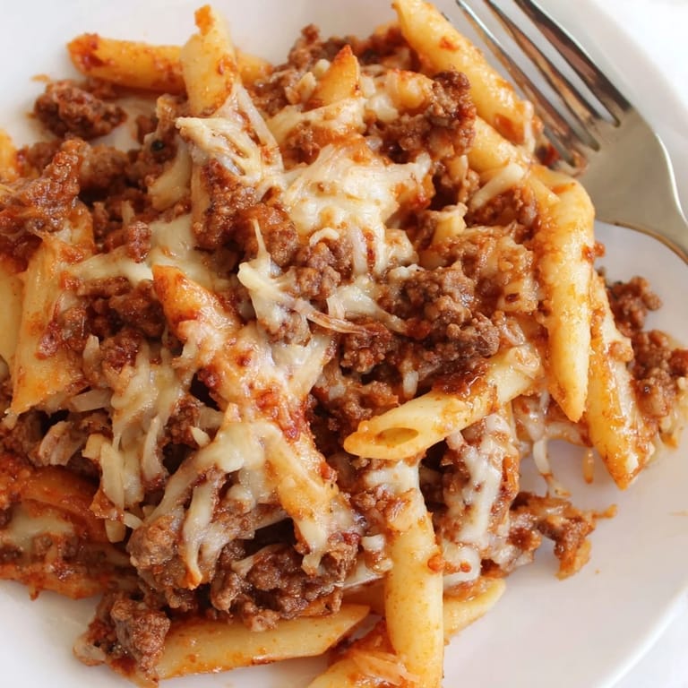 Hearty Cheesy Beef & Penne Bake served warm, perfect for family gatherings and cozy dinners.  
