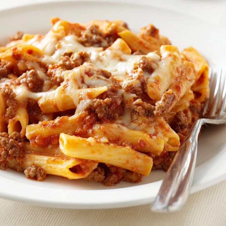 Comforting Cheesy Beef & Penne Bake, featuring tender pasta smothered in savory tomato sauce.