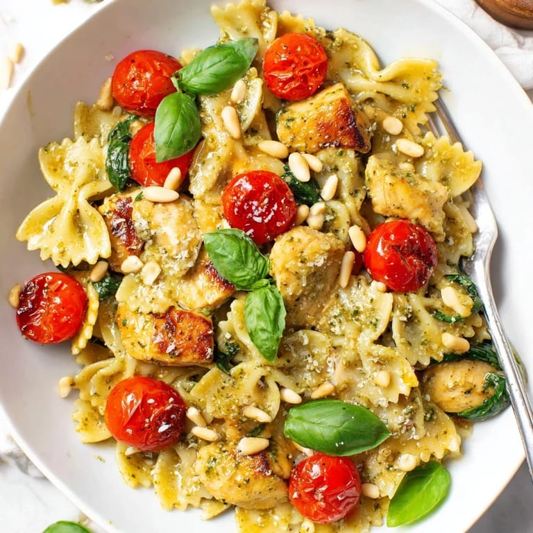 Creamy Pesto Chicken Bowtie Pasta bursting with flavors, served with vibrant cherry tomatoes.  