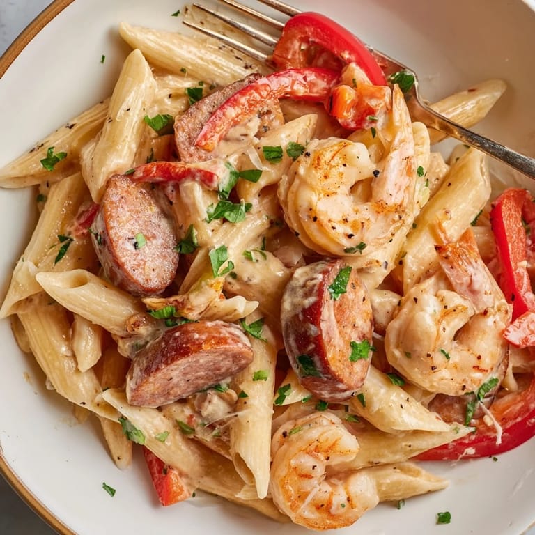 Flavorful Cajun Sausage & Shrimp Alfredo Pasta Skillet brings comfort to your dinner table.  