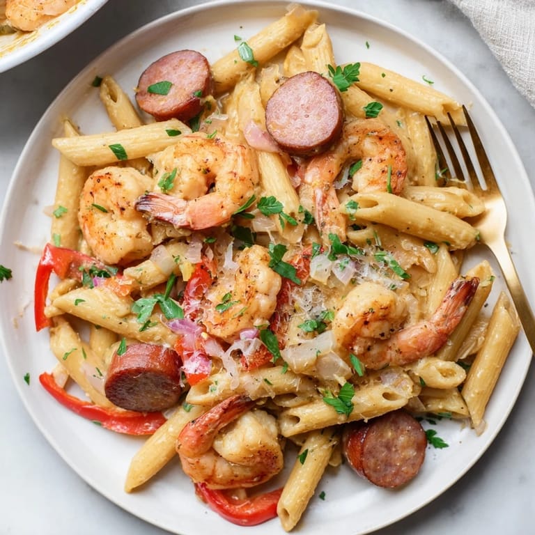 One-pan Cajun Sausage & Shrimp Alfredo Pasta Skillet garnished with vibrant red bell pepper.