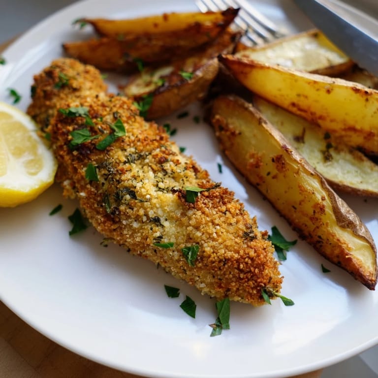 Delicious herbed chicken tenders paired with fresh lemon and crunchy potato wedges.