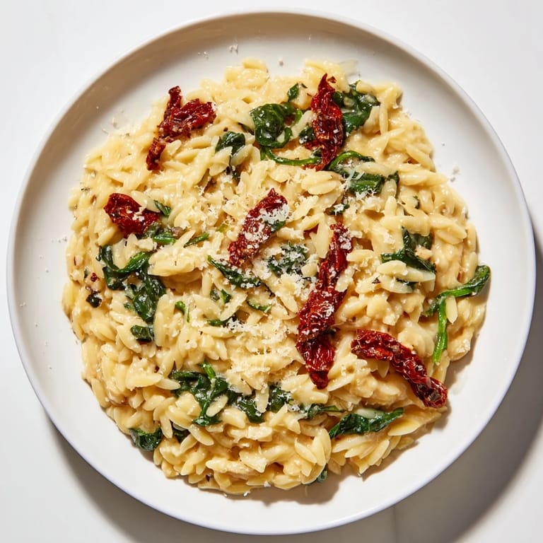 Picture a tempting bowl of Creamy Tuscan Orzo, with wilted spinach and Parmesan cheese, perfect for a cozy dinner.