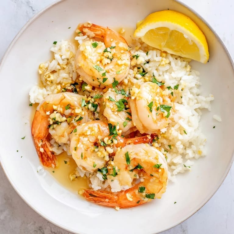 A delicious Garlic Butter Shrimp Rice Bowl, garnished with parsley and lemon wedges for a perfect meal.