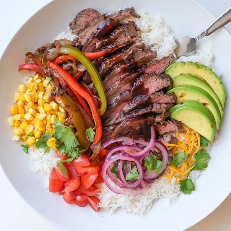 This sizzling BBQ steak fajita bowl showcases perfectly grilled steak alongside fresh toppings, a Tex-Mex delight.