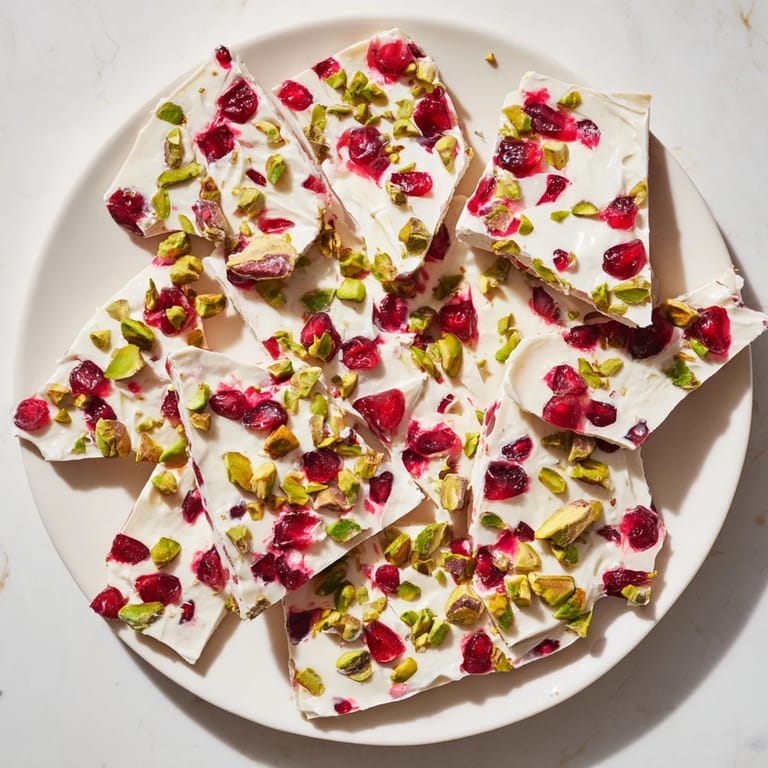 Homemade Frozen Yogurt Bark featuring fresh pomegranate and pistachios, perfect for a cool dessert.