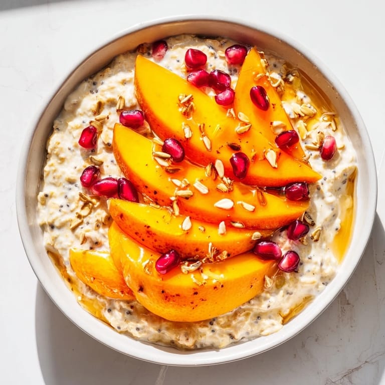 Creamy Overnight Oats with Persimmon, topped with juicy pomegranate seeds, makes a flavorful and healthy breakfast.