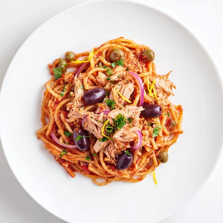 Close-up of pasta with tuna, olives, and capers, a savory Italian meal ready to serve.