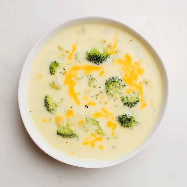 Close-up of a bowl brimming with rich Broccoli Cheese Soup, showcasing the tender broccoli florets.