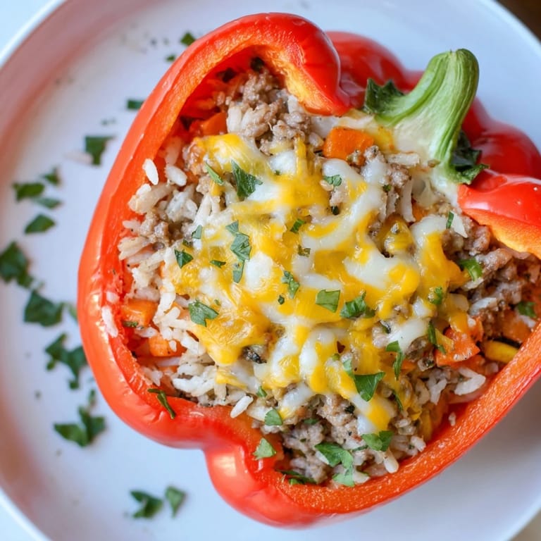 Steaming hot Stuffed Peppers, topped with melted cheese, promising a wholesome and delicious American dinner.