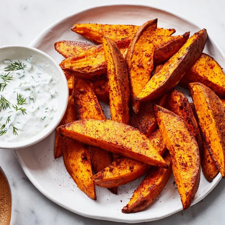 A close-up of delicious roasted sweet potato wedges, ready to eat with cool yogurt dip.