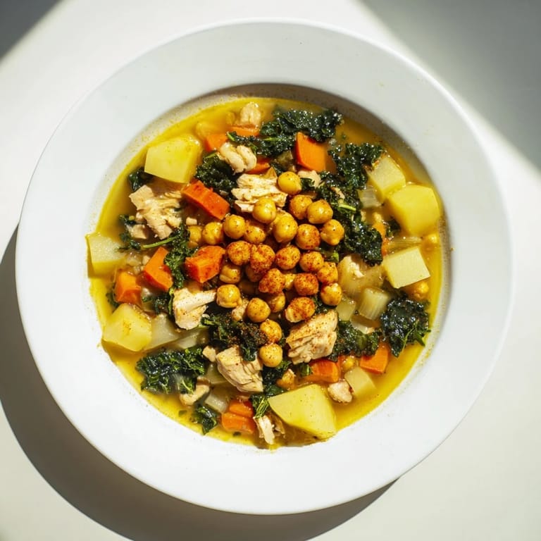 Close-up of golden, crunchy chickpeas topping the vibrant Chicken Kale Soup, ready to eat.