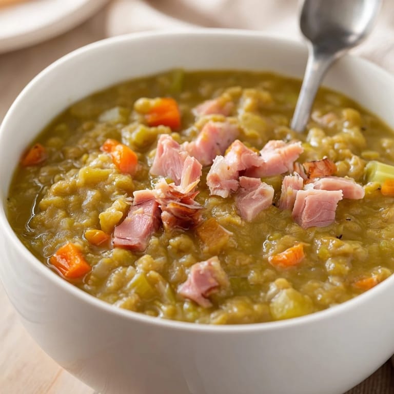A generous serving of Hearty Split Pea and Ham Soup, garnished, ready to enjoy with crusty bread.