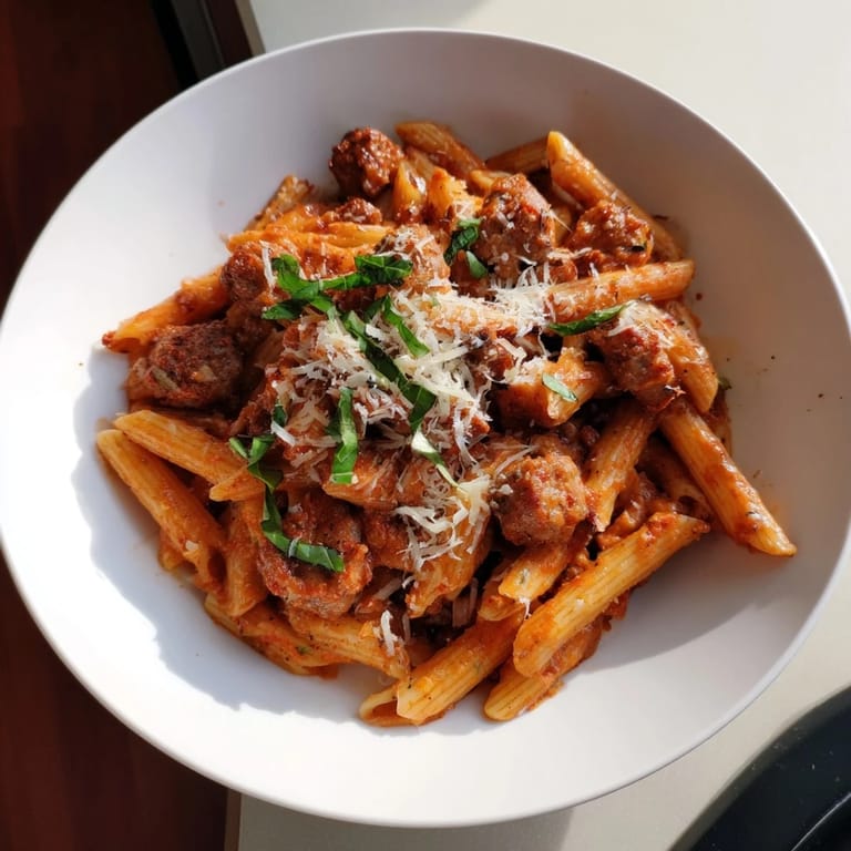 Enjoy a comforting bowl of delicious Creamy Tomato and Sausage Pasta, ready in minutes for dinner tonight.