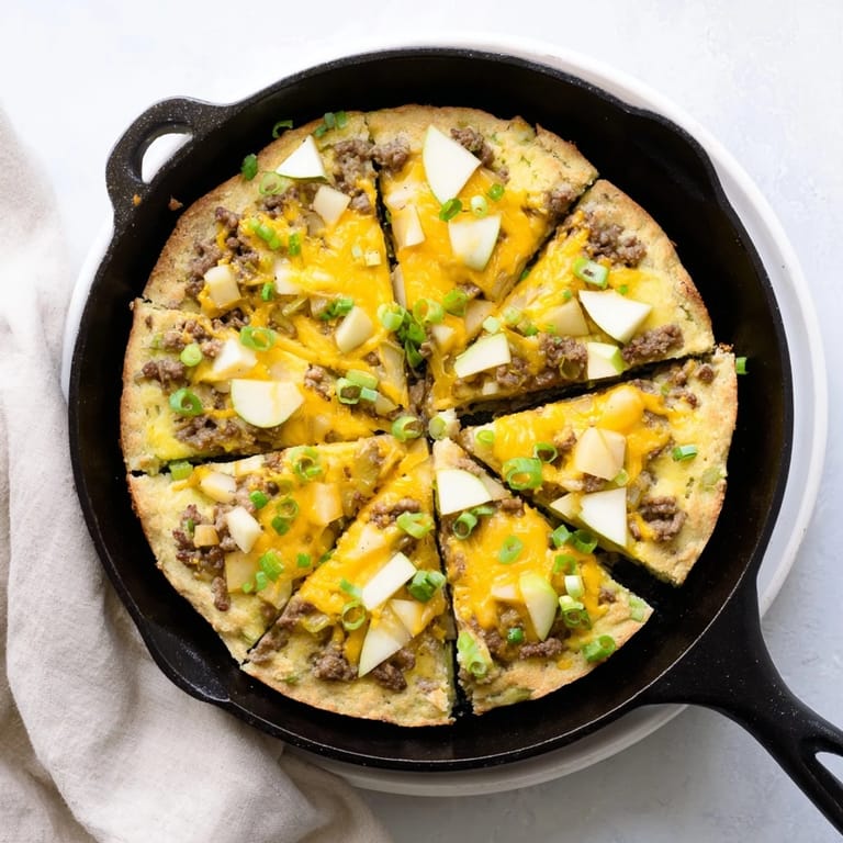 Looking at a hearty Savory Apple, Sausage, and Cheddar Scone Skillet, with visible ingredients and a flaky texture.
