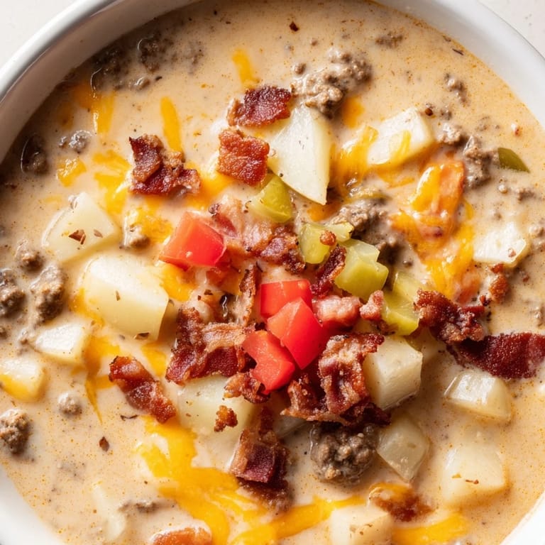 A close-up of a creamy Crockpot Cheeseburger Soup, a hearty, satisfying American comfort food creation.