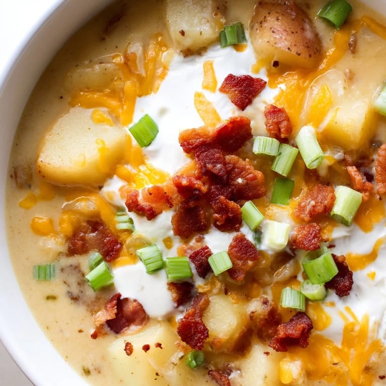 Thick and creamy Crockpot Loaded Baked Potato Soup, ready for serving with green onion garnish.