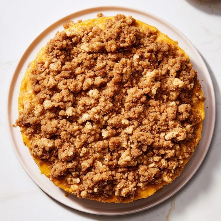 Buttery, crumbly topping crowns this baked pumpkin crisp, promising warm, spiced autumn flavors.