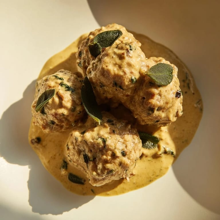 Creamy pumpkin sage sauce generously coats flavorful turkey meatballs, creating a warming, comforting dinner.