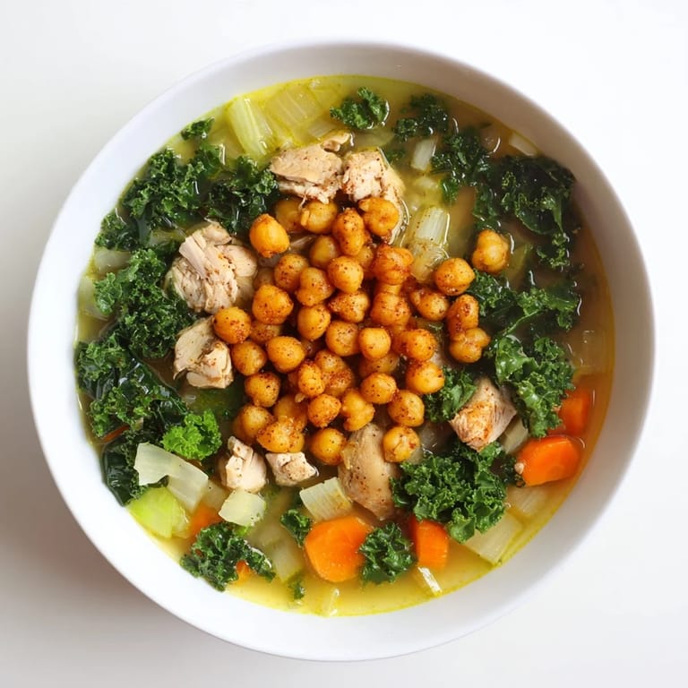 This Chicken Kale Soup shows hearty broth filled with vegetables and tender chicken, ready to enjoy.