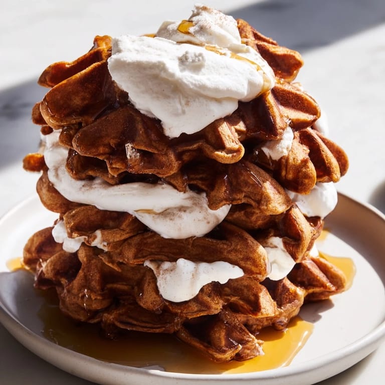 A warm plate of Express Gingerbread Waffle Stacks, ready to serve with a dusting of powdered sugar.