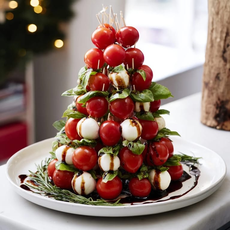 A lovely image of Easy Christmas Tree Caprese Skewers, a festive holiday appetizer ready to enjoy.