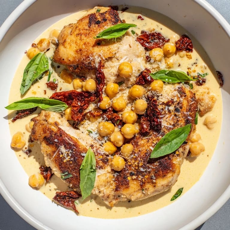 Golden-seared High-Protein Marry Me Chicken and Chickpeas, swimming in a rich, flavorful, creamy sauce.