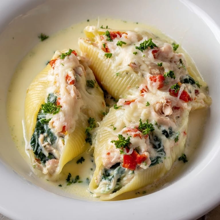 A close-up of High-Protein Cottage Cheese Alfredo Christmas Shells, garnished with festive red peppers and fresh parsley.