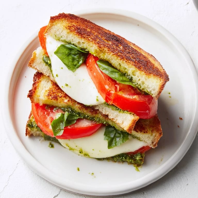 Fresh basil and ripe tomatoes in a warm and savory Caprese Pesto Panini-Style Grilled Cheese.