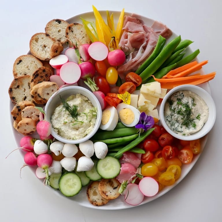 A vibrant Spring Wreath Appetizer Platter arranged with fresh herbs, savory meats, and creamy dips for a festive occasion.