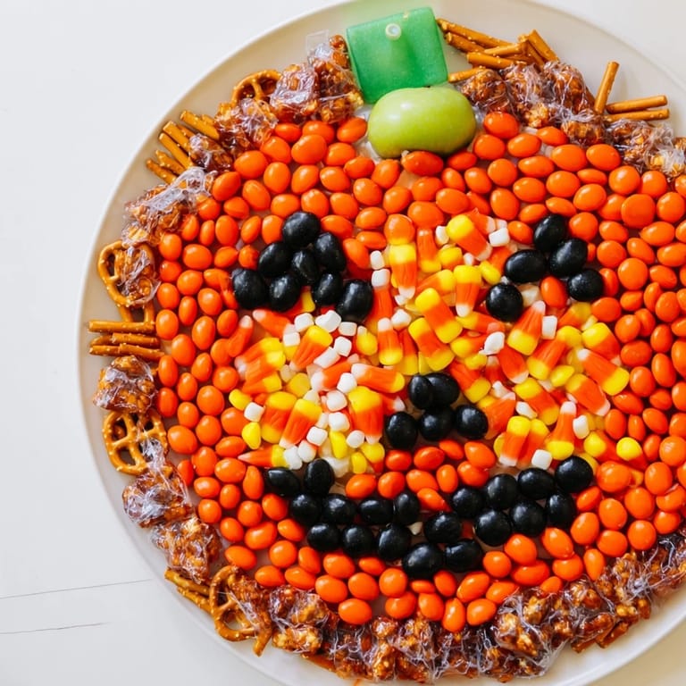 Vibrant Jack-o-Lantern Candy Board showcases a sweet arrangement of candies for a festive party snack.