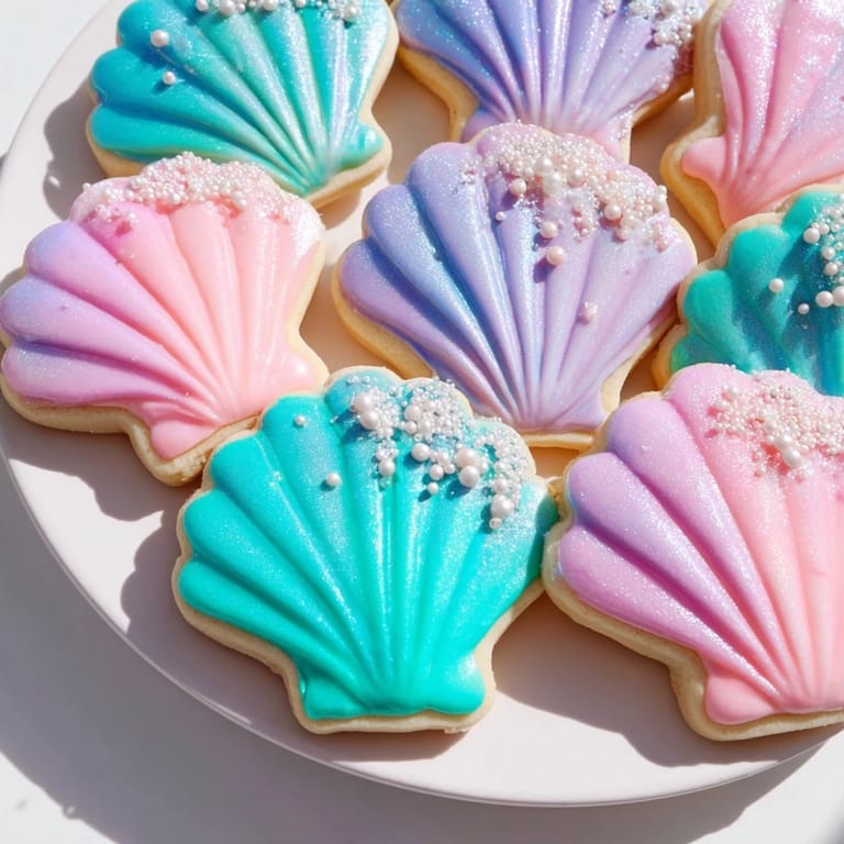Freshly baked Seashell Sweets, intricately iced and dusted with shimmer, offer delightful, sweet texture.