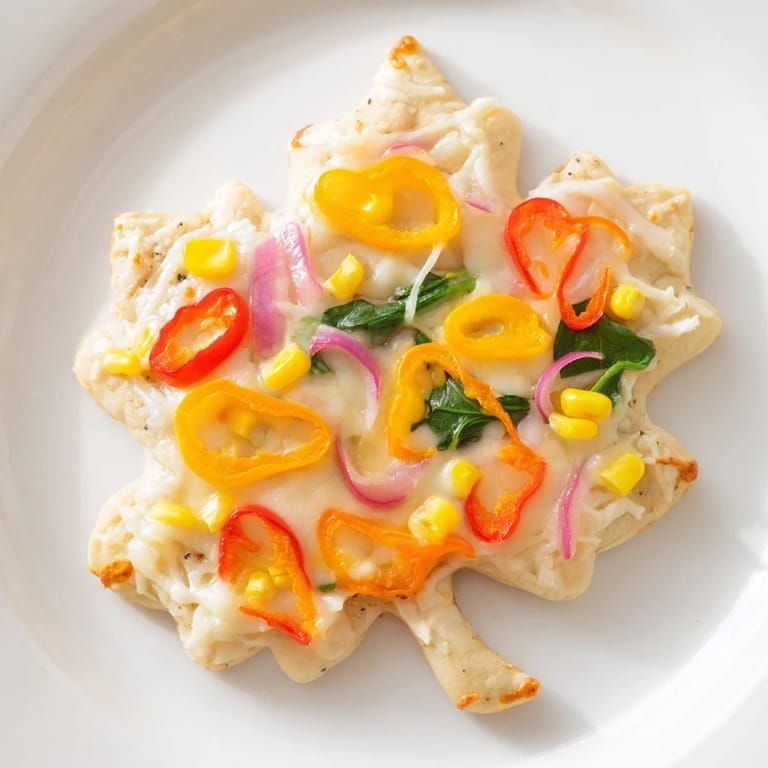 Close-up of baked Fall Foliage Maple Leaf Mini Pizzas, showing colorful toppings and delicious melted cheese.