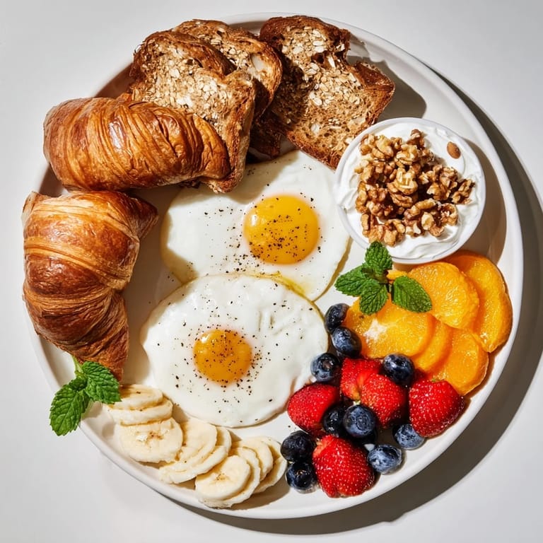 The beautiful Soleil Matinal breakfast platter is overflowing with fresh fruit, and warm, golden croissants.