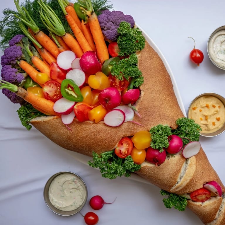 A festive Cornucopia Veggie Board piled high with crisp veggies and creamy dips; a delicious appetizer.