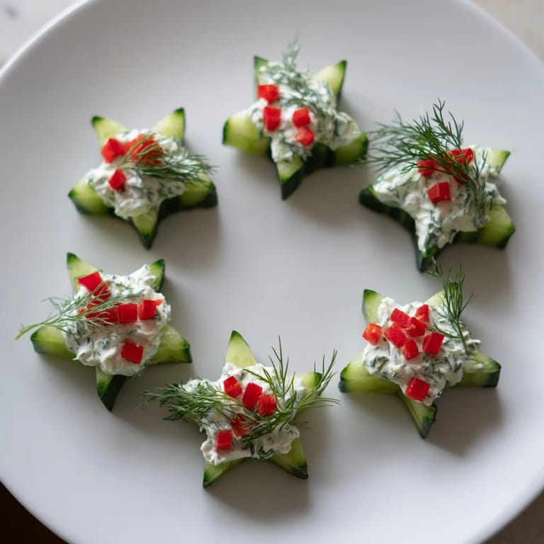 Fresh cucumber and dill Christmas stars, ready to serve, offer a delightful holiday appetizer.