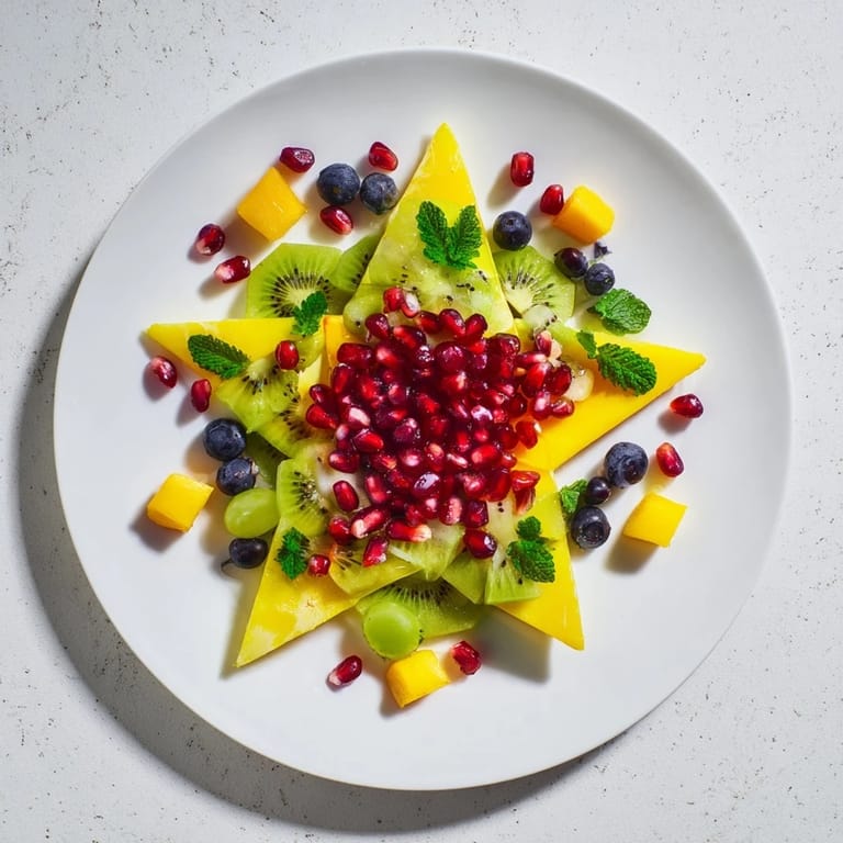 Beautifully arranged Pomegranate and Mint Star Fruit Platter, ready to serve for brunch or a snack.