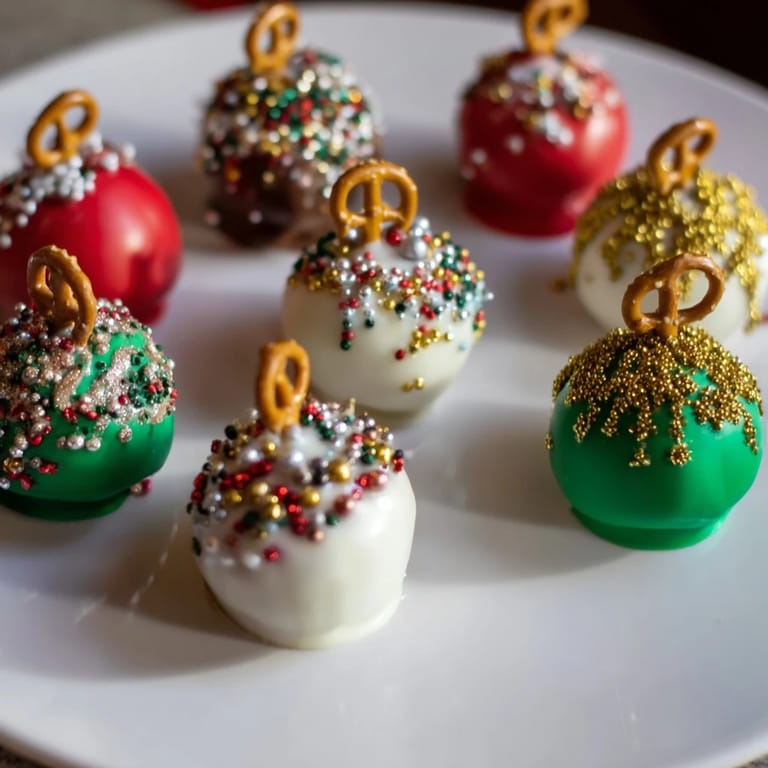 Vibrant ornament ball cake pops, coated in white chocolate and ready for a party.