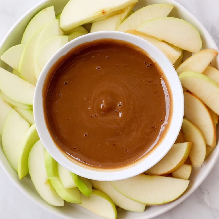 Golden, glistening caramel dip centerpiece surrounded by fresh apple slices; perfect snack.