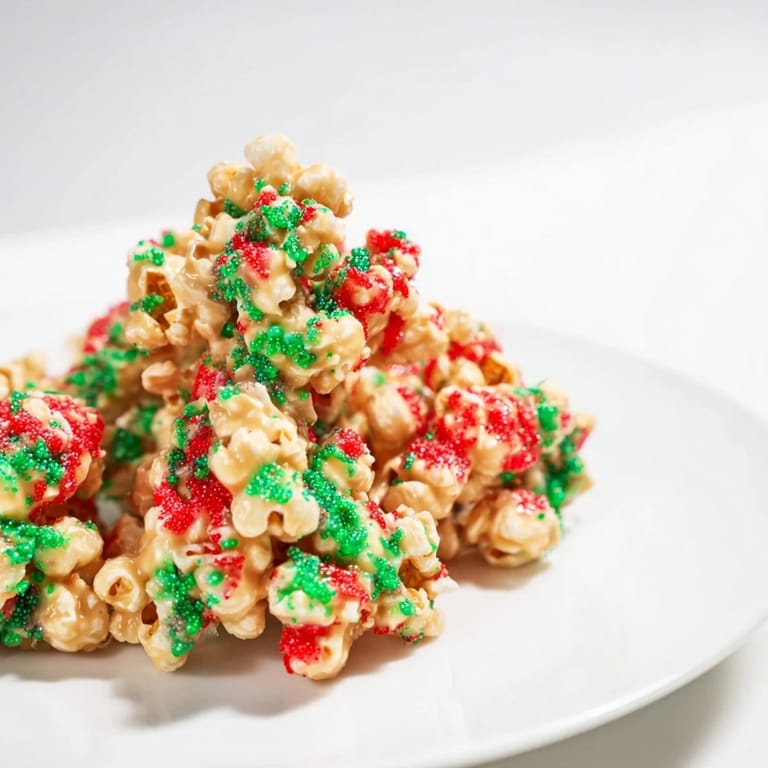 Homemade popcorn piles, coated in a delightful glaze and finished with colorful sprinkles for a perfect holiday treat.