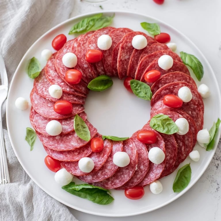 A close-up view of the savory folded salami wreath, a quick and delicious party starter.