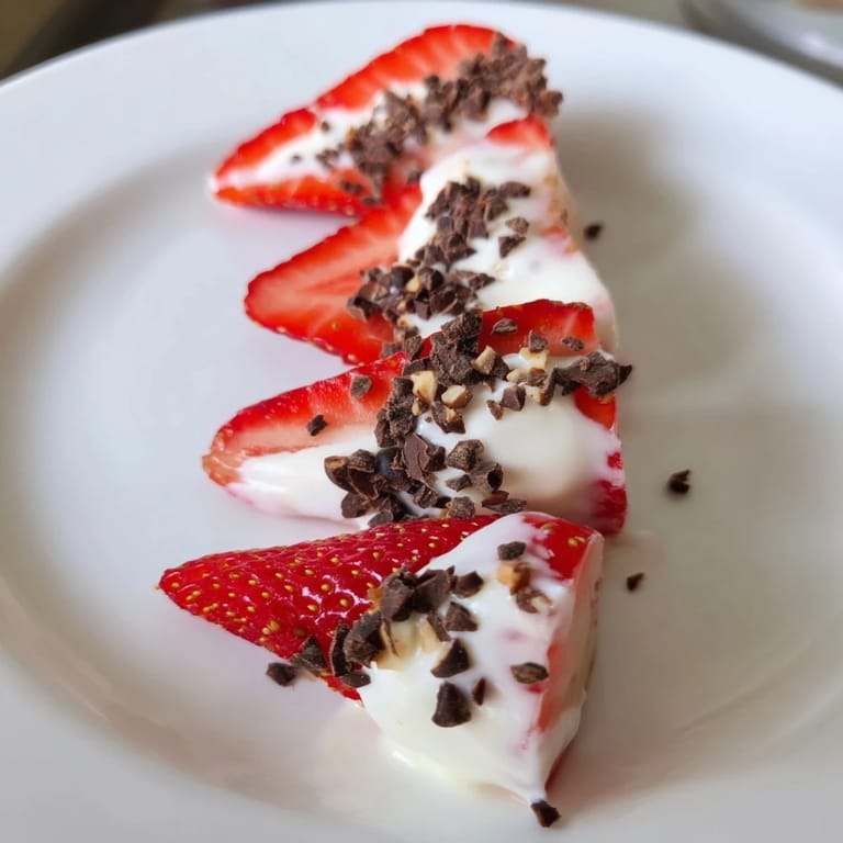 Frozen Yogurt Dipped Strawberry halves, a light and healthy dessert, perfect for warm weather enjoyment.
