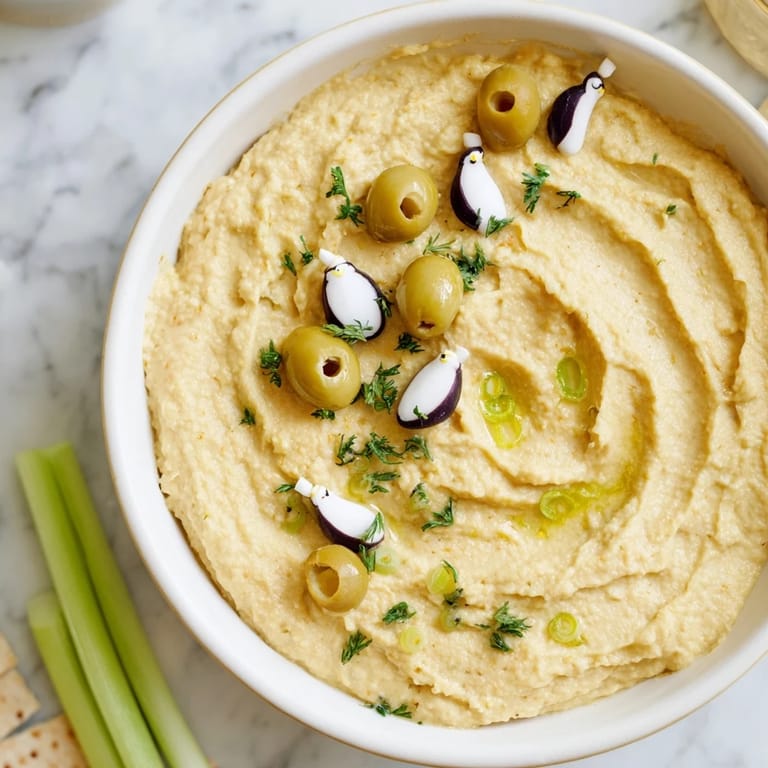 Festive Winter Dip arrangement; creamy white beans and adorable olive penguin appetizers are ready to serve.