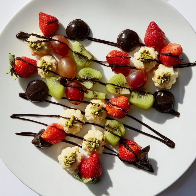 An artful arrangement of The Sweet Dessert Decadence showcases colorful fresh fruit, pastries, and drizzles.