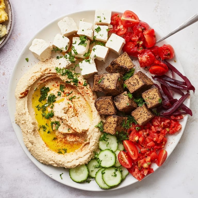 This Mediterranean Mezza Platter features assorted dips with olives, tomatoes, plus fluffy pita bread.